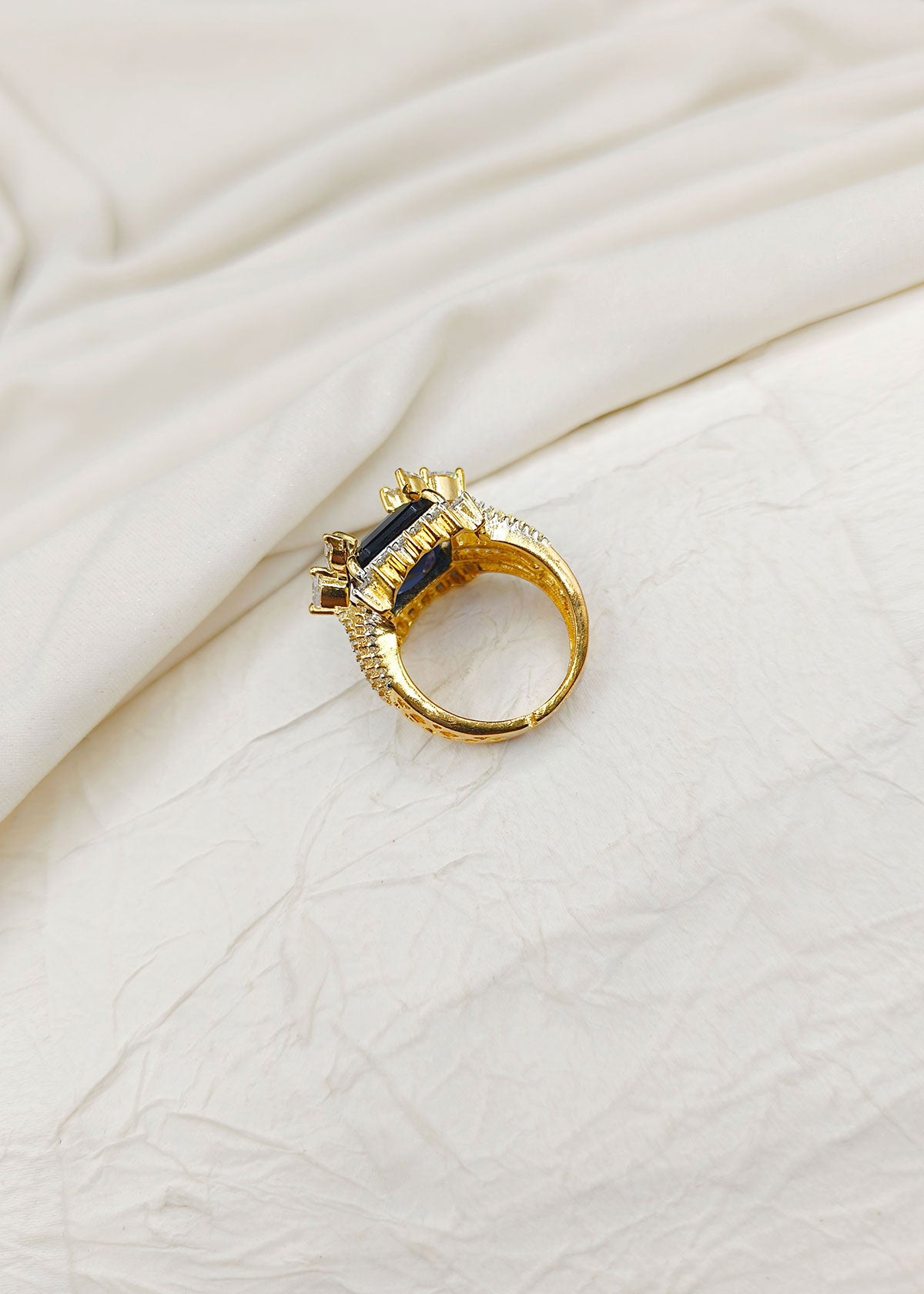 Big Cubic Zircon Blue Sapphire Victorian Design Gold Plated Adjustable Finger Ring