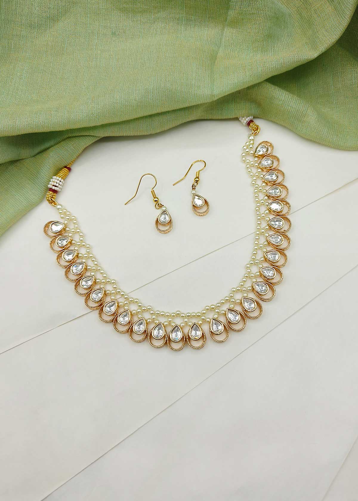 White Moti With Kundan Drop Delicate Short Necklace Set