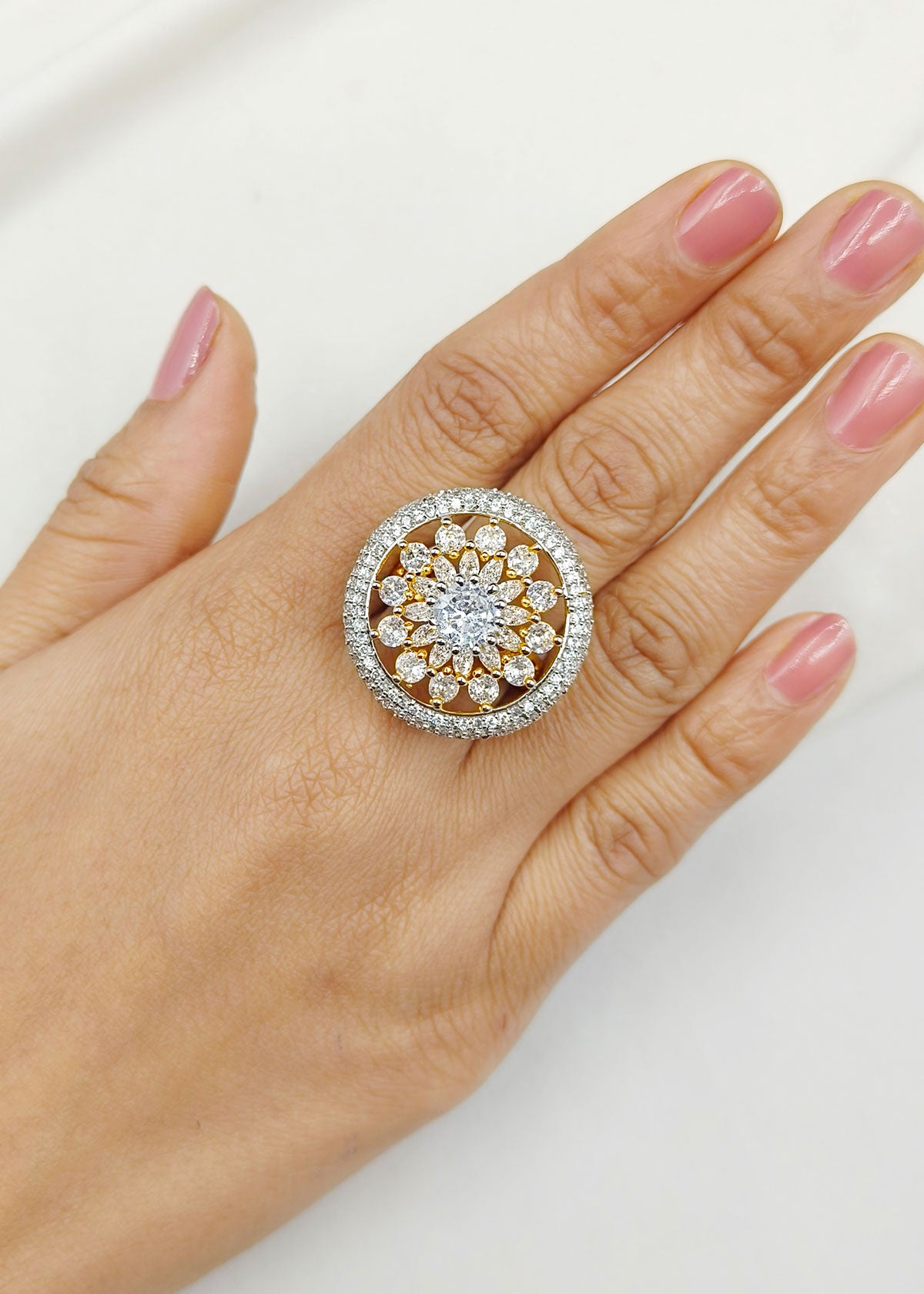 Big Round Shape Cubic Zircon Adjustable Flower Finger Ring For Women