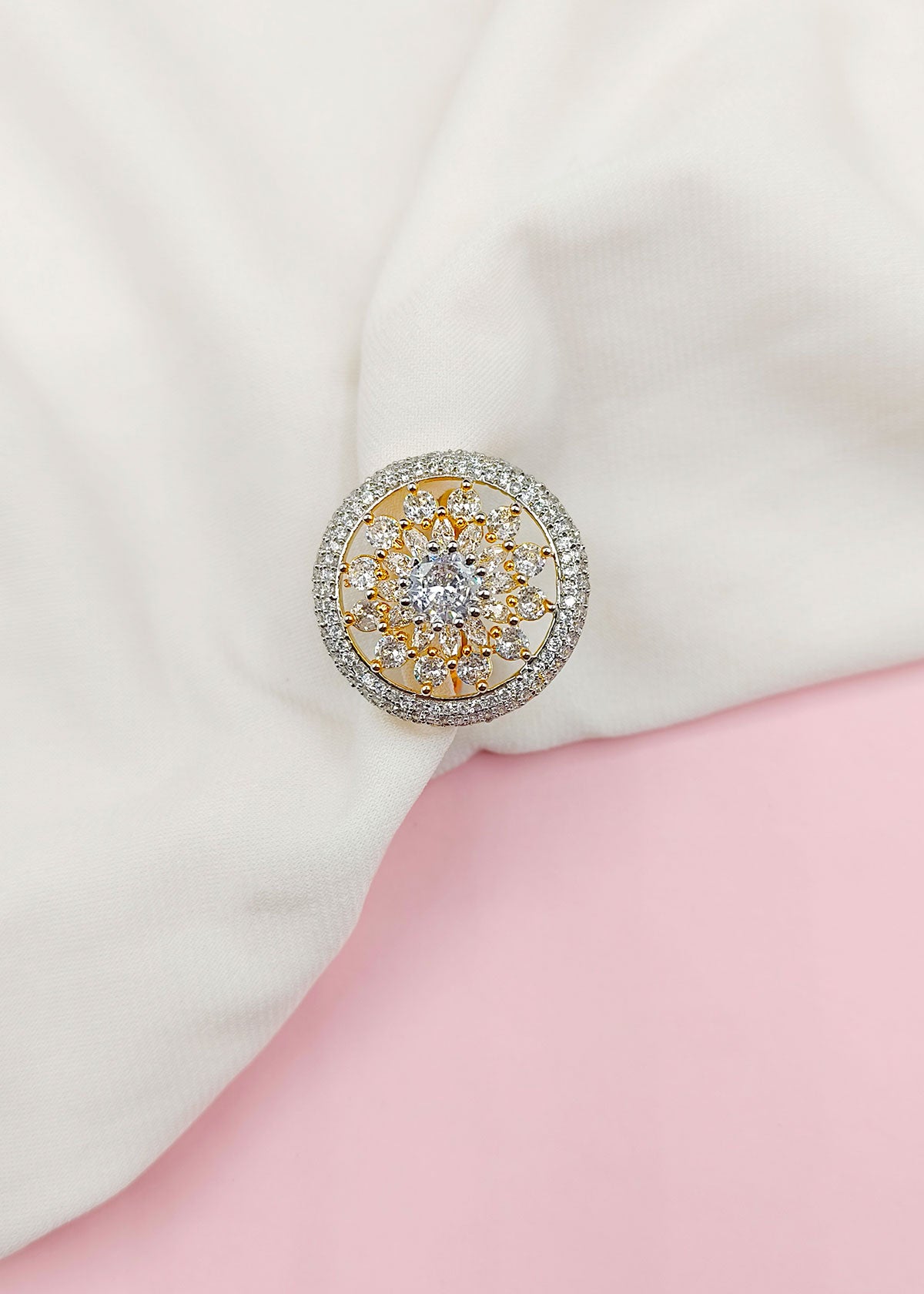 Big Round Shape Cubic Zircon Adjustable Flower Finger Ring For Women