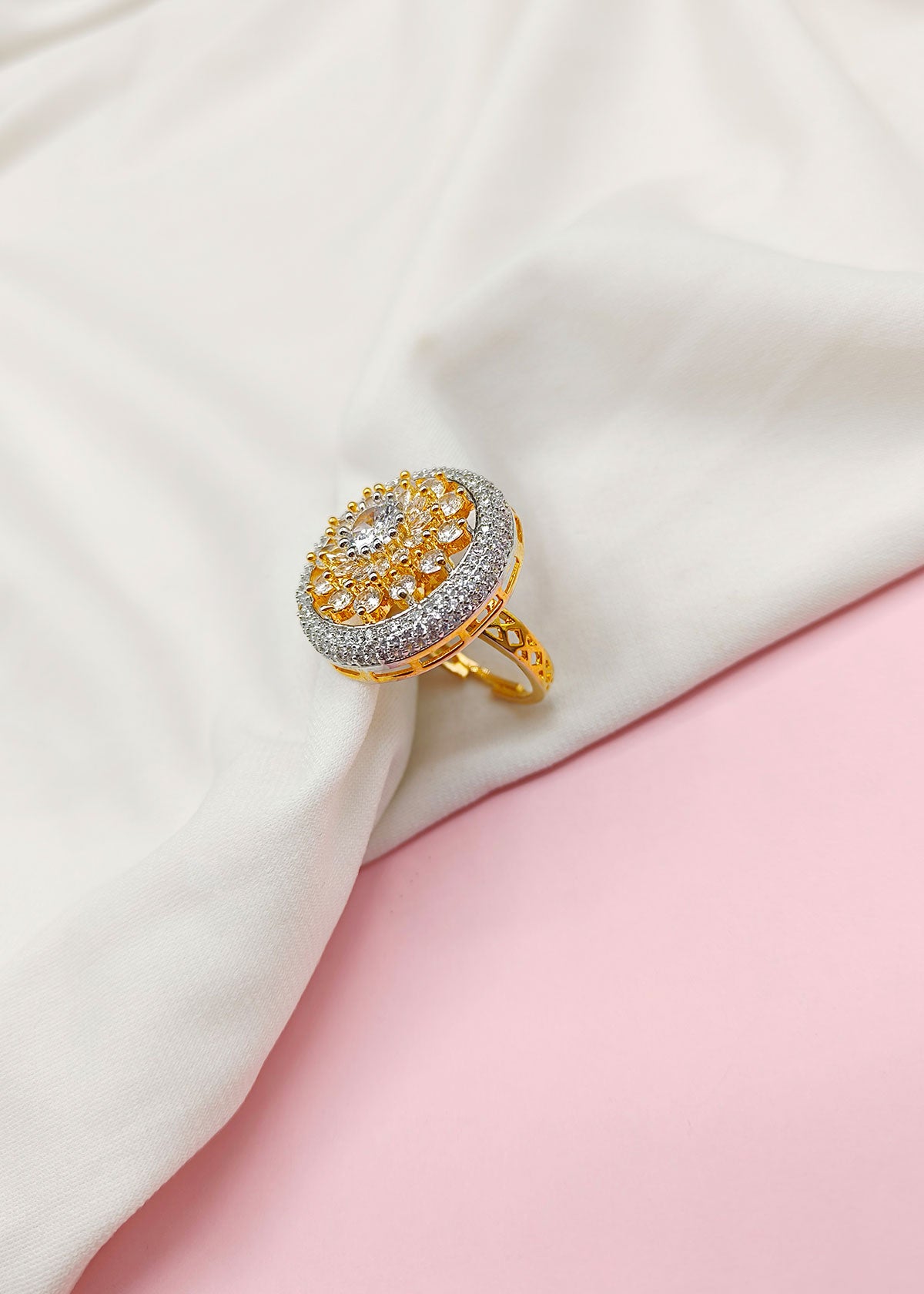 Big Round Shape Cubic Zircon Adjustable Flower Finger Ring For Women