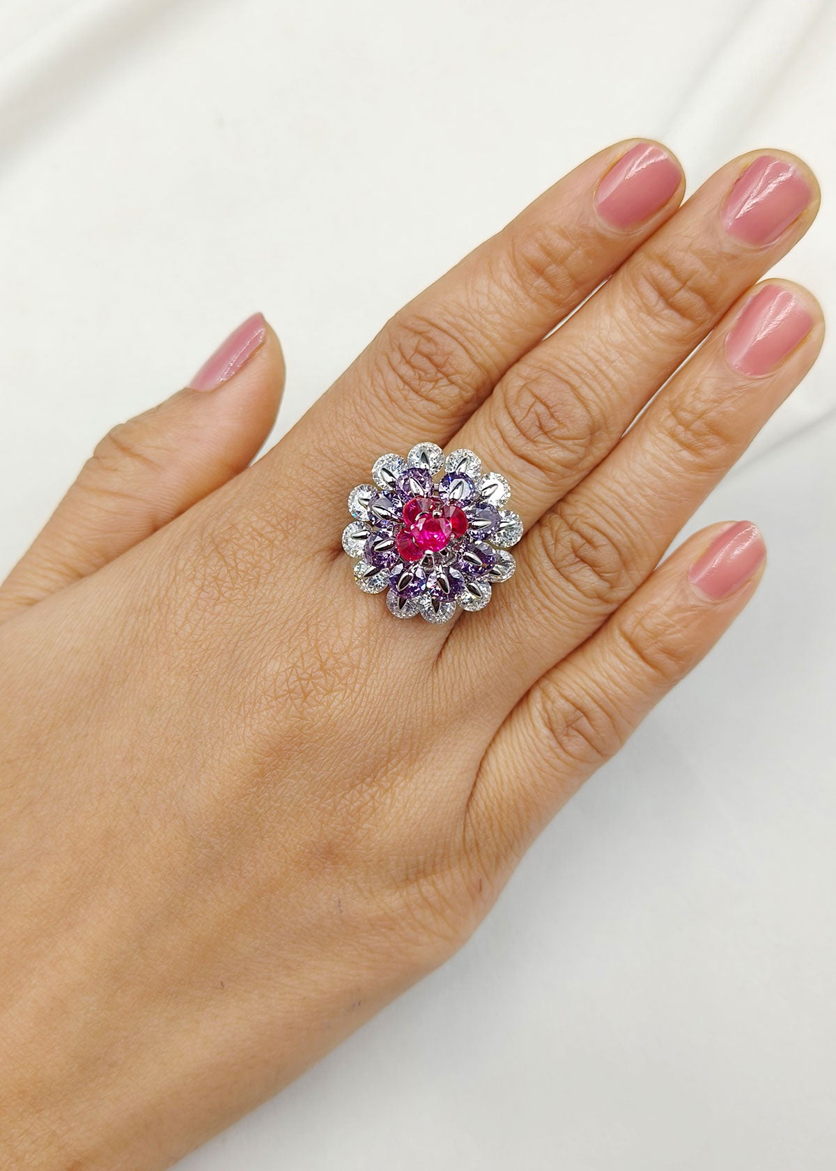 Big Purple/ Pink Crystal Flower Design Women Adjustable Finger Ring