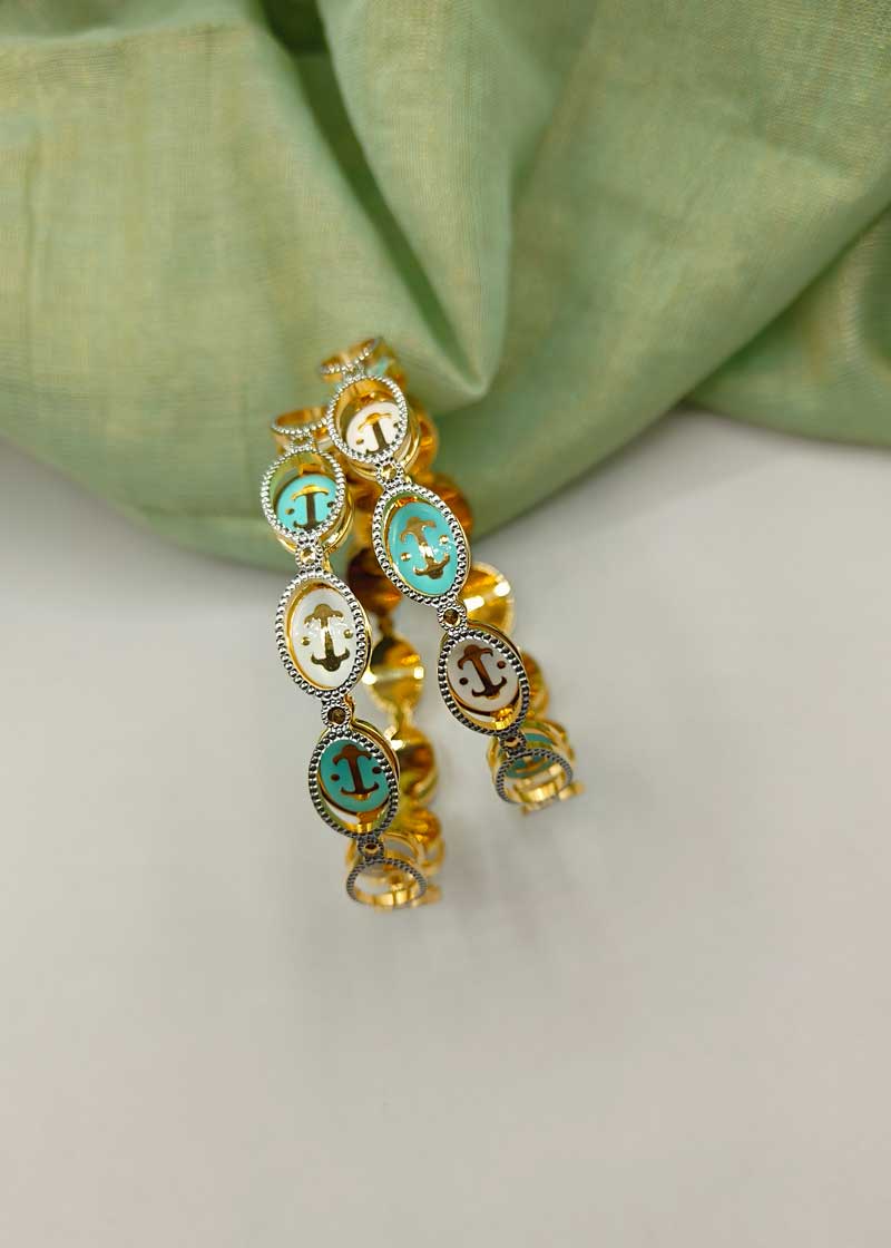 1 Gram Gold Plated Oval Shape White and Turquoise Colour Bangle (Pair)