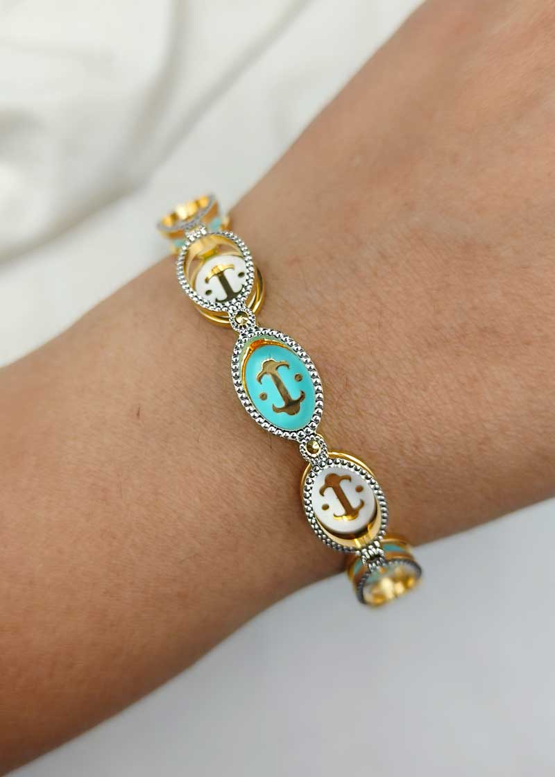 1 Gram Gold Plated Oval Shape White and Turquoise Colour Bangle (Pair)