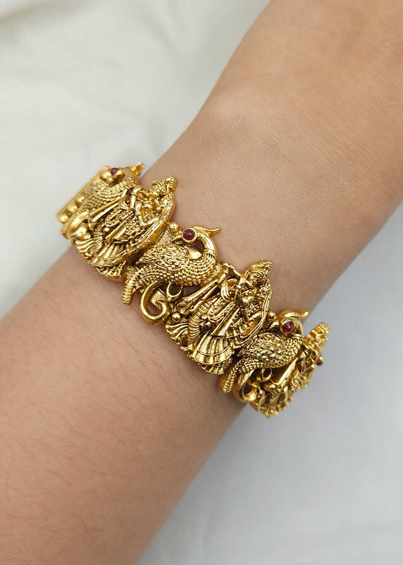 Radha Krishna Temple Antique Gold Openable Bangles (Pair)