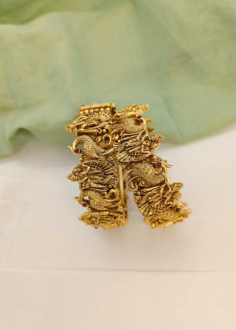 Radha Krishna Temple Antique Gold Openable Bangles (Pair)