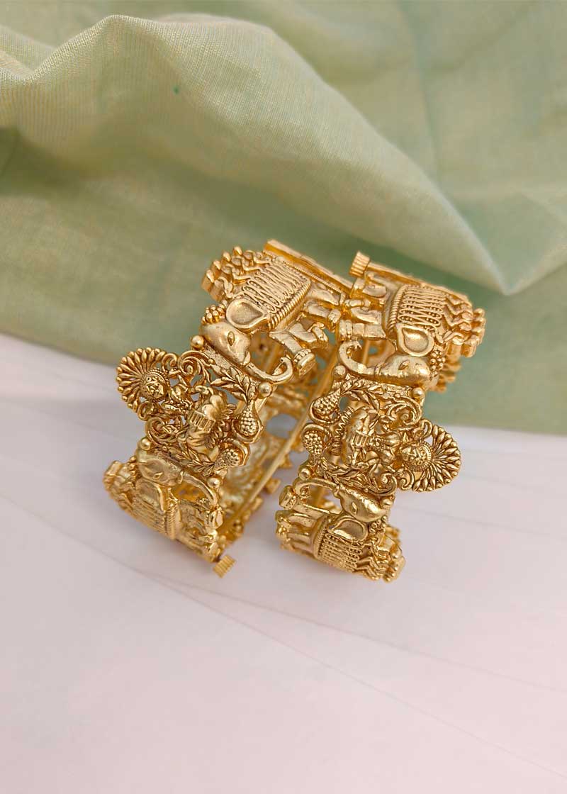 Divine Lakshmi Temple Antique Gold Openable Bangles (Pair)