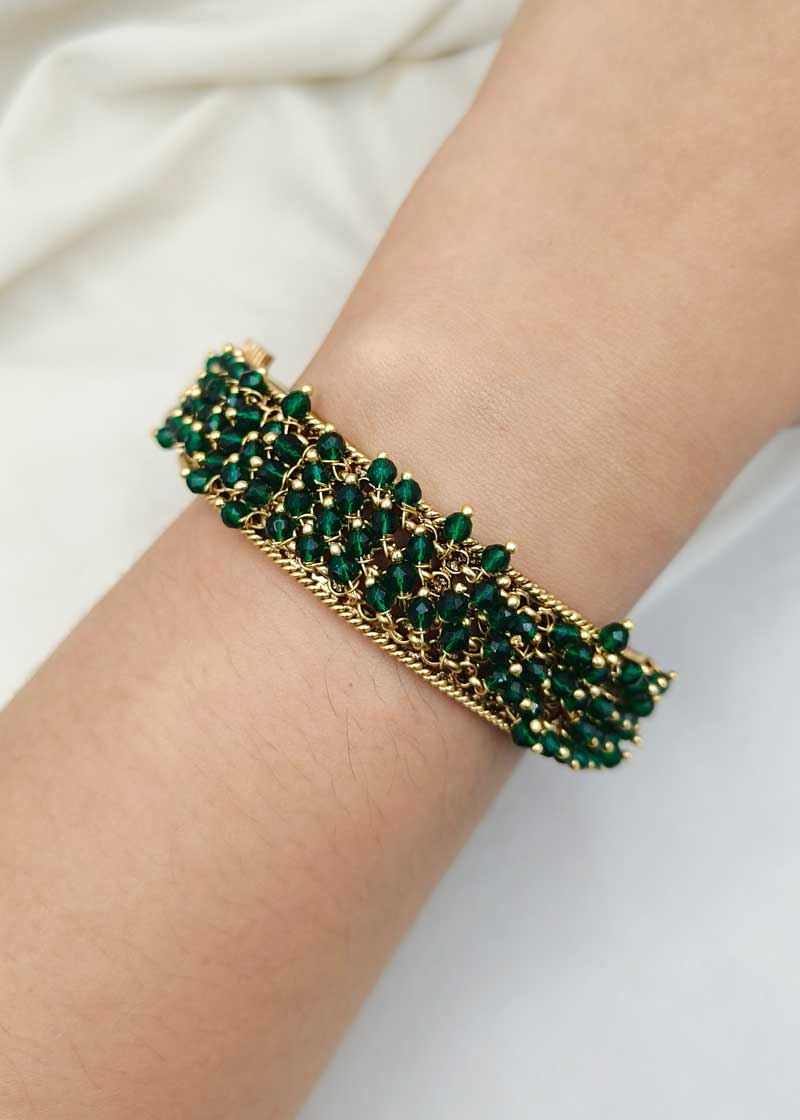 All Over Green Beads High Gold Openable Bangles (Pair)