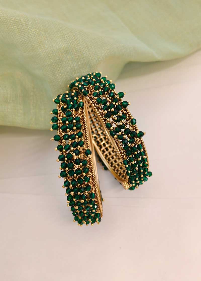 All Over Green Beads High Gold Openable Bangles (Pair)