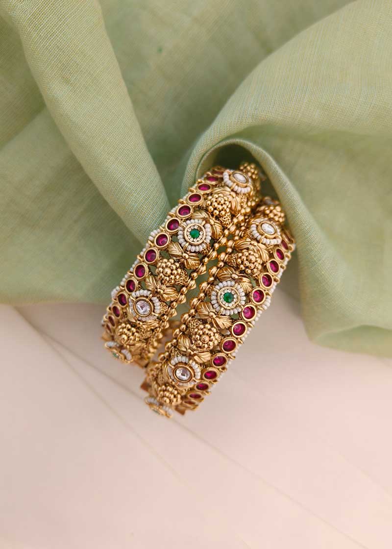 Antique Gold Kundan Traditional Openable Bangles (Pair)