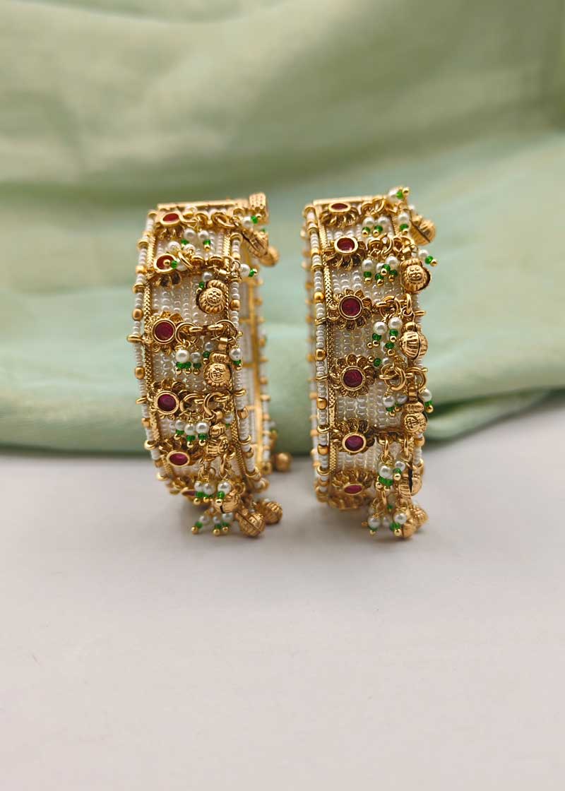 Beautiful Pearl And Kemp Studded Antique Gold Openable Bangles (Pair)