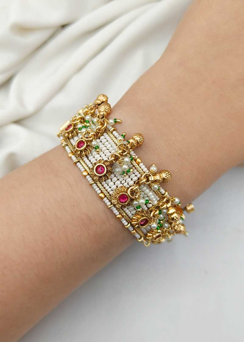 Beautiful Pearl And Kemp Studded Antique Gold Openable Bangles (Pair)