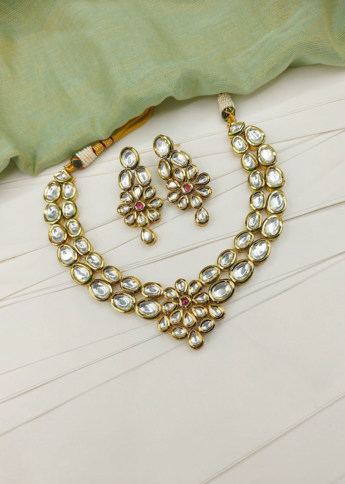 Gold Plated Floral Designer Two Line Adjustable Short Kundan Necklace Set