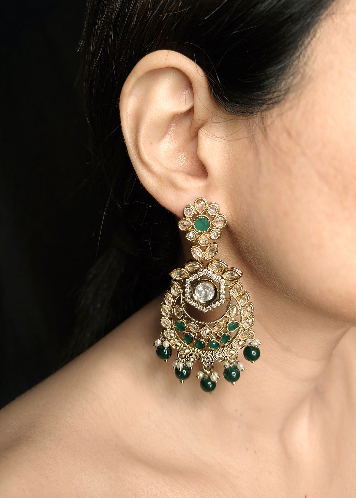 Antique Gold Floral Designer Green / Emerald Long Earring