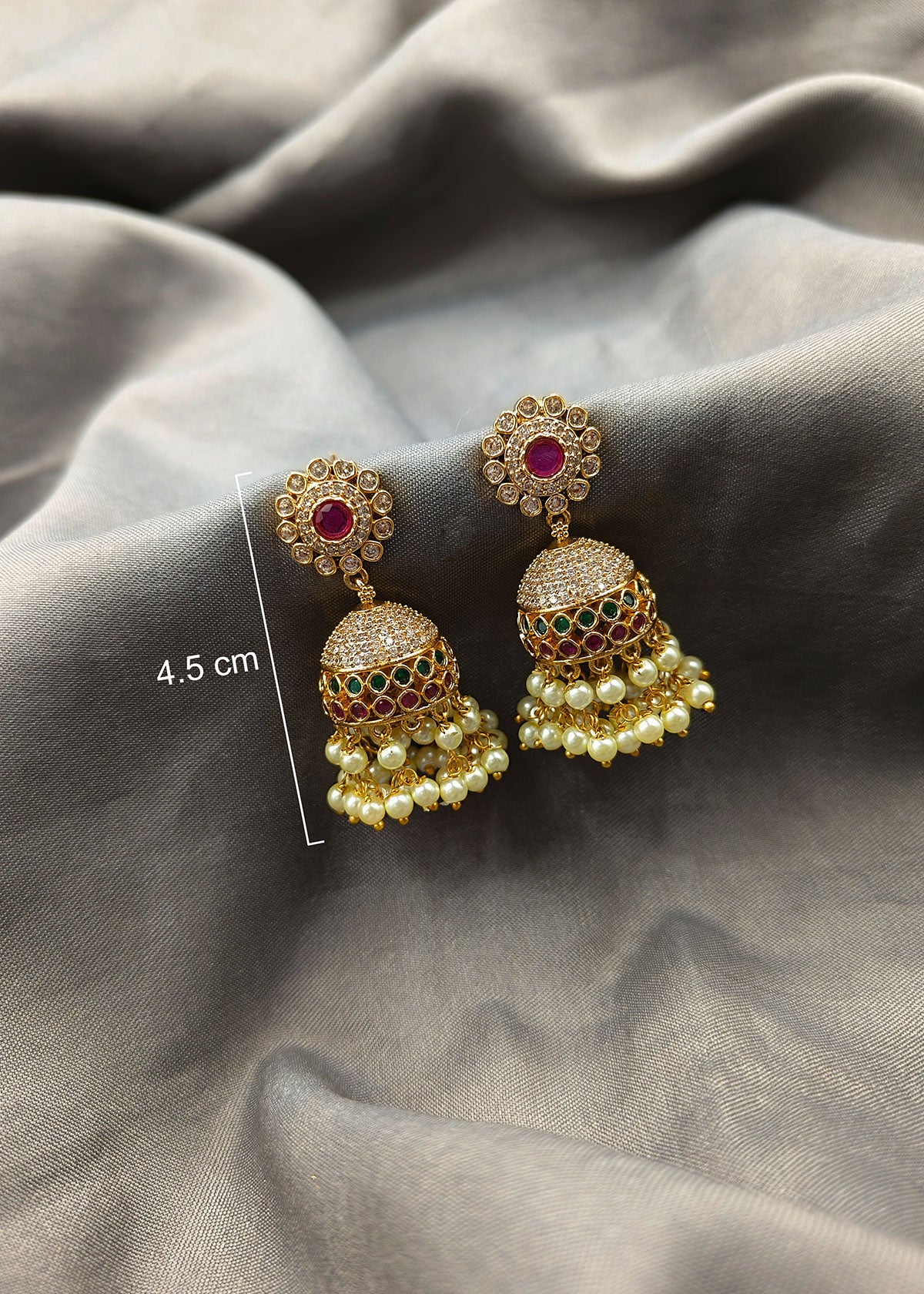 Gold Plated Red-Green With Pearl Small Traditional Style Diamond Jhumka Earring