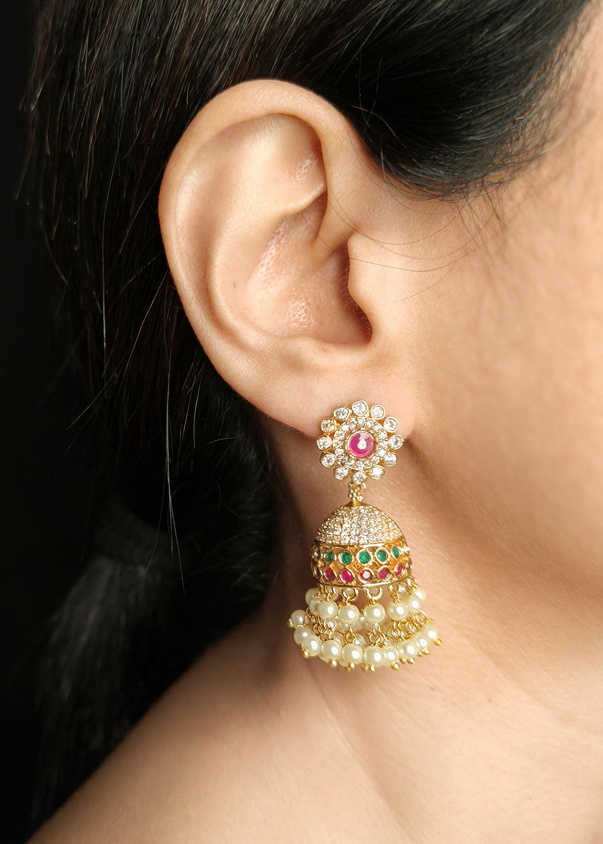 Gold Plated Red-Green With Pearl Small Traditional Style Diamond Jhumka Earring
