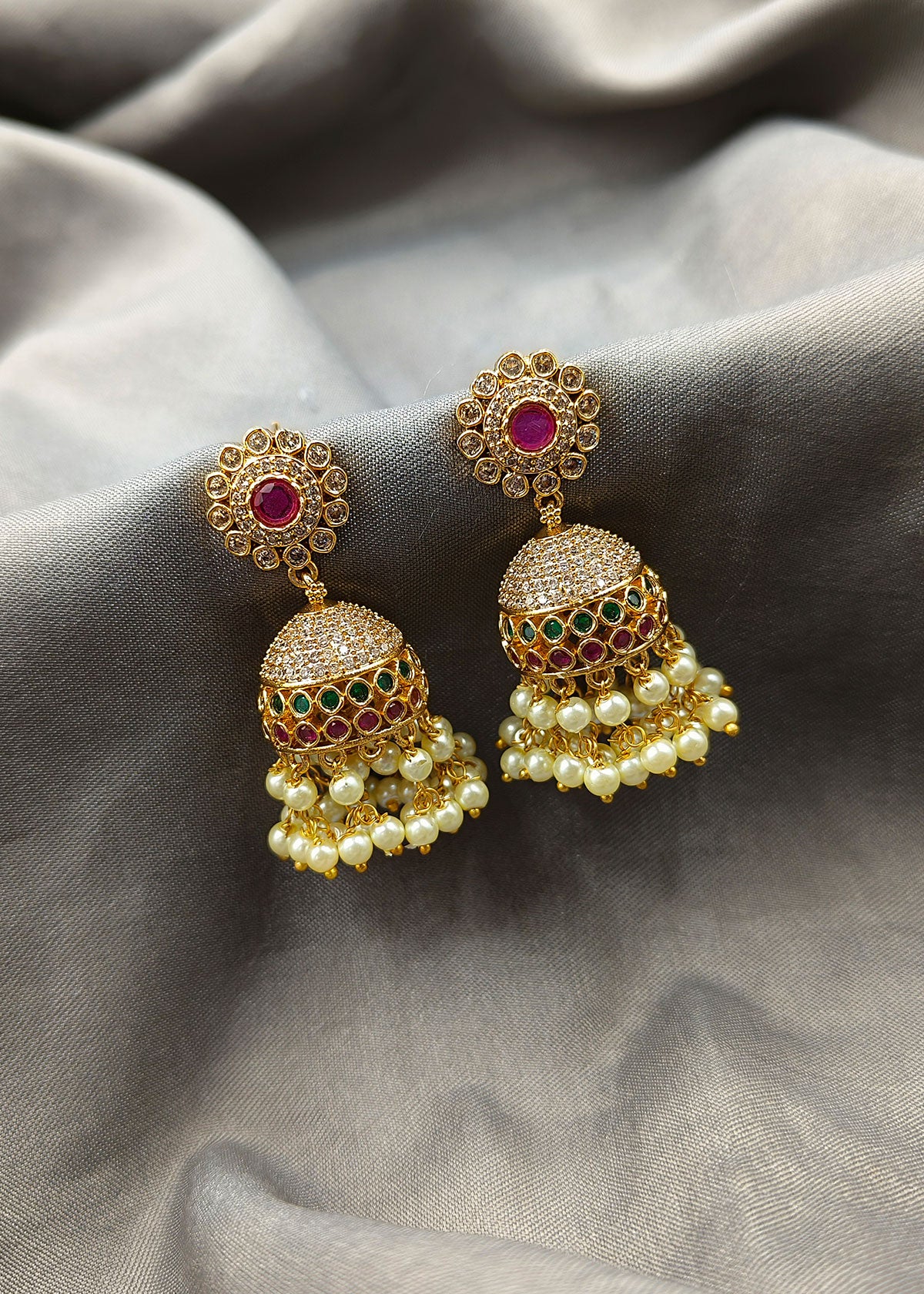 Gold Plated Red-Green With Pearl Small Traditional Style Diamond Jhumka Earring