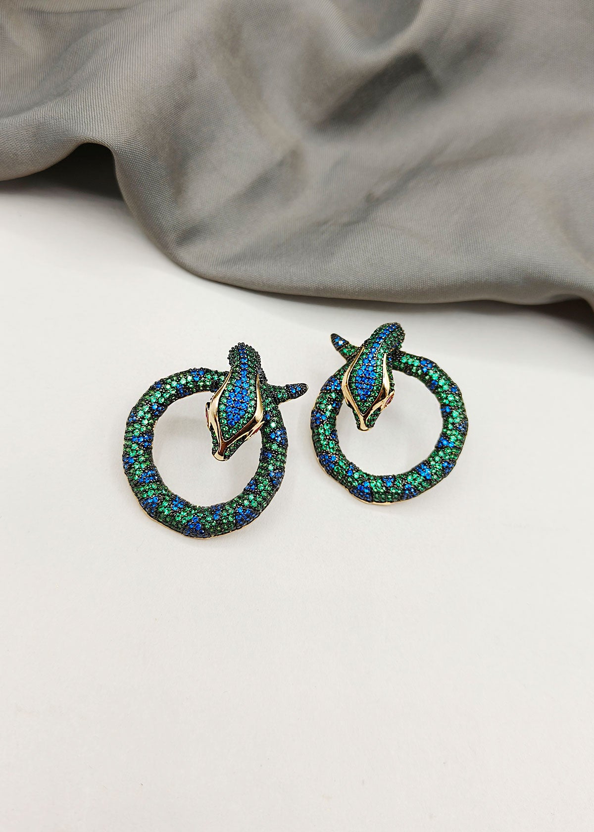 Elegant Serpent Gold Plated Green With Blue Colour Big Round Tops / Earrings