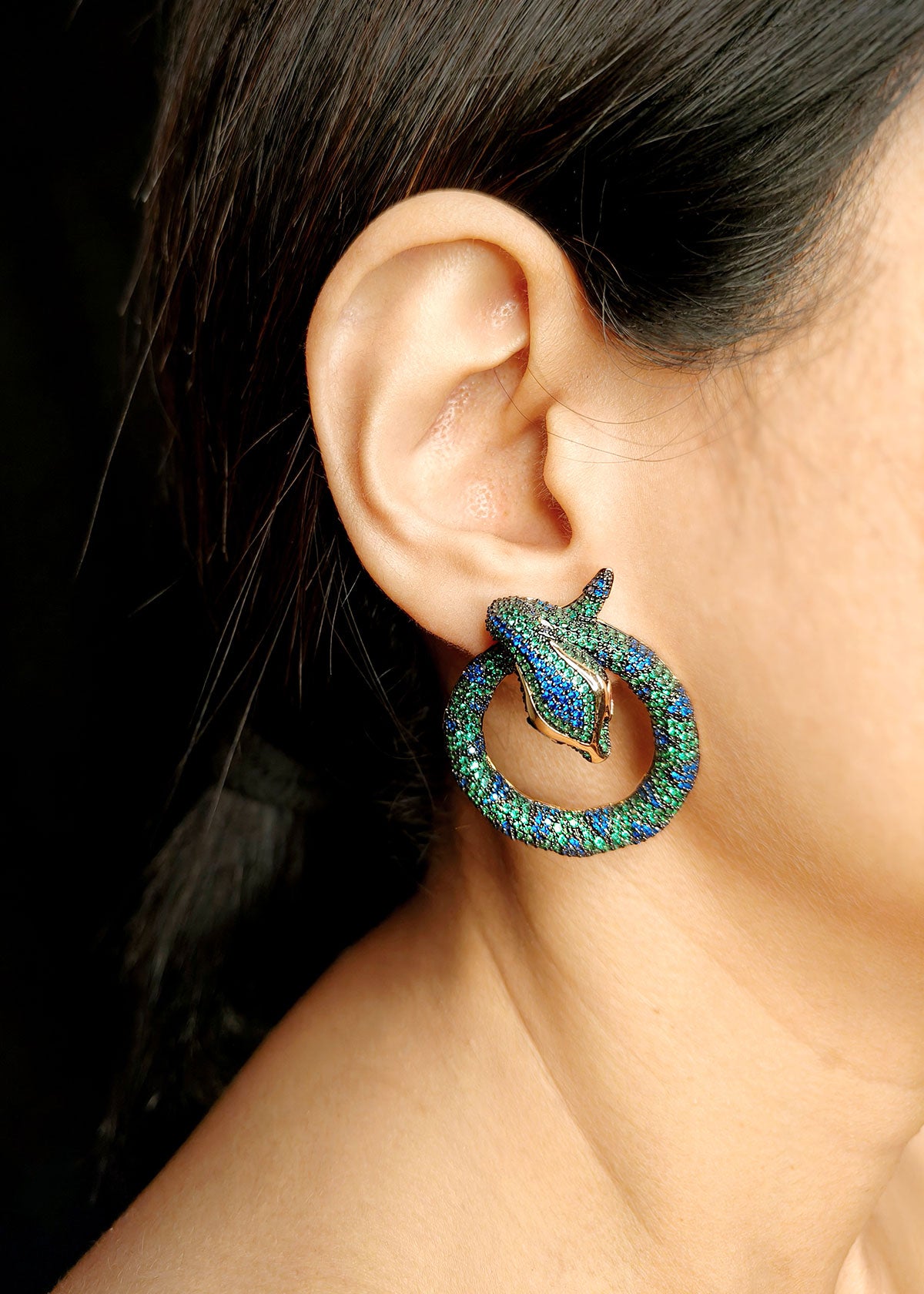 Elegant Serpent Gold Plated Green With Blue Colour Big Round Tops / Earrings