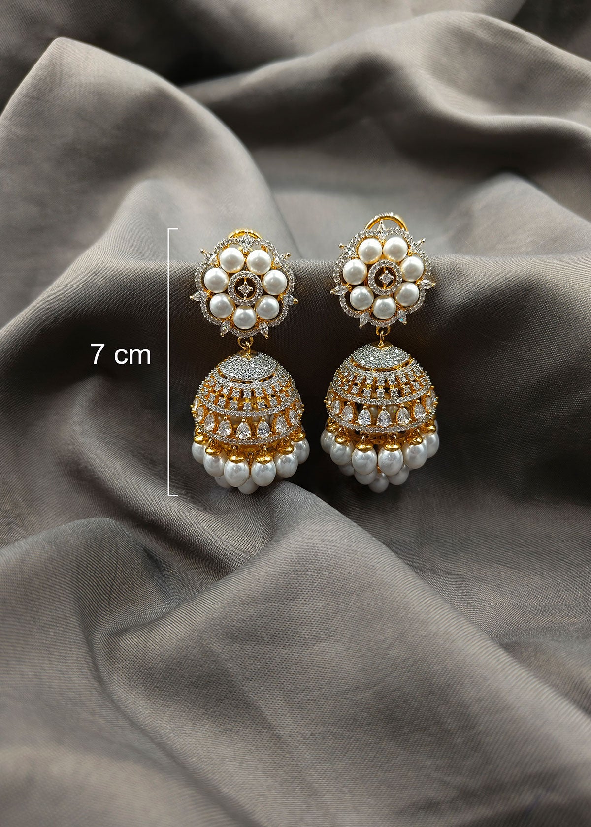 Cubic Zircon Gold Plated Floral Pearl Big Jhumka Earrings