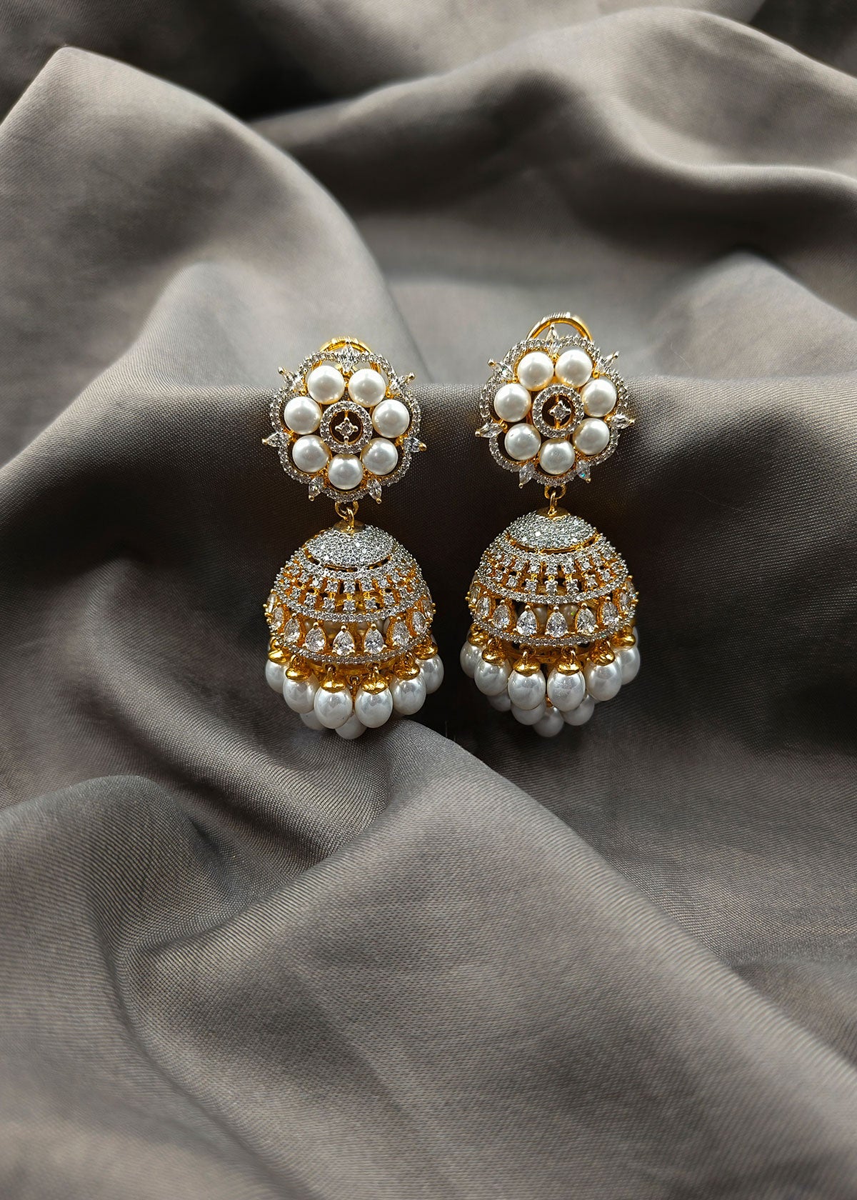 Cubic Zircon Gold Plated Floral Pearl Big Jhumka Earrings
