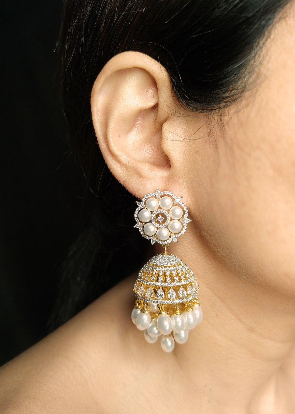Cubic Zircon Gold Plated Floral Pearl Big Jhumka Earrings