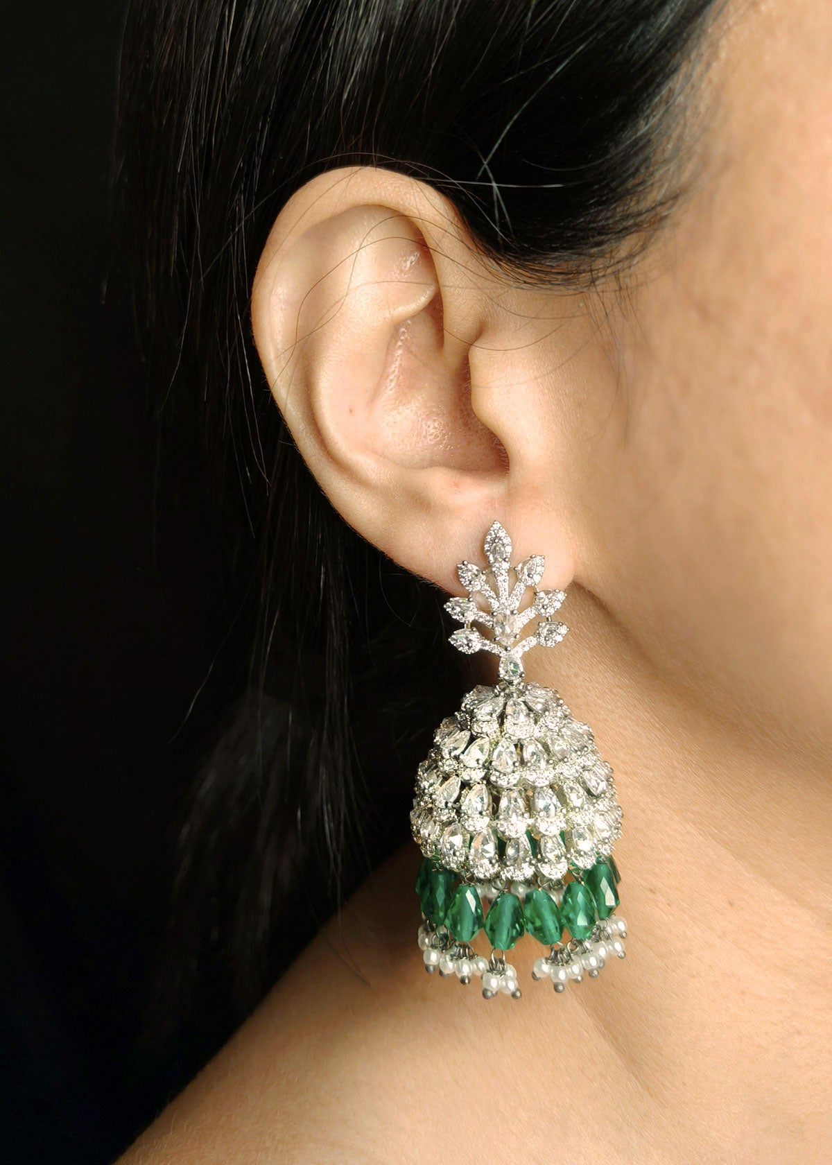 Traditional Ethnic Diamond Studded Green Big Jhumka