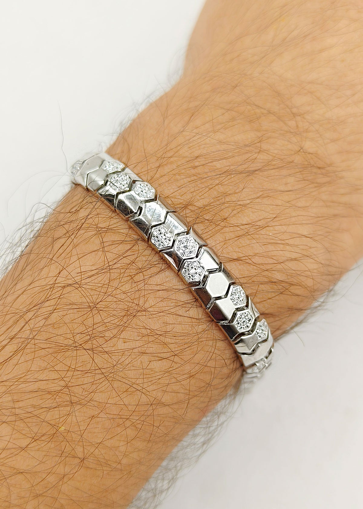 92.5 Sterling Silver Cubic Zircon Bold Hexagon Pattern Loose Bracelet For Men