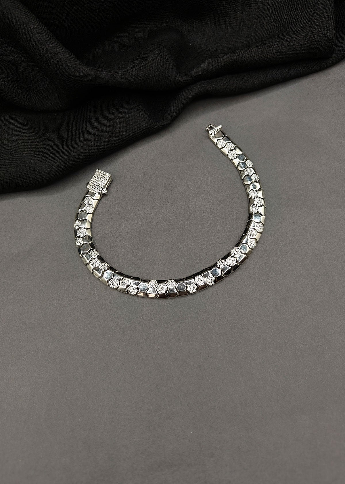 92.5 Sterling Silver Cubic Zircon Bold Hexagon Pattern Loose Bracelet For Men