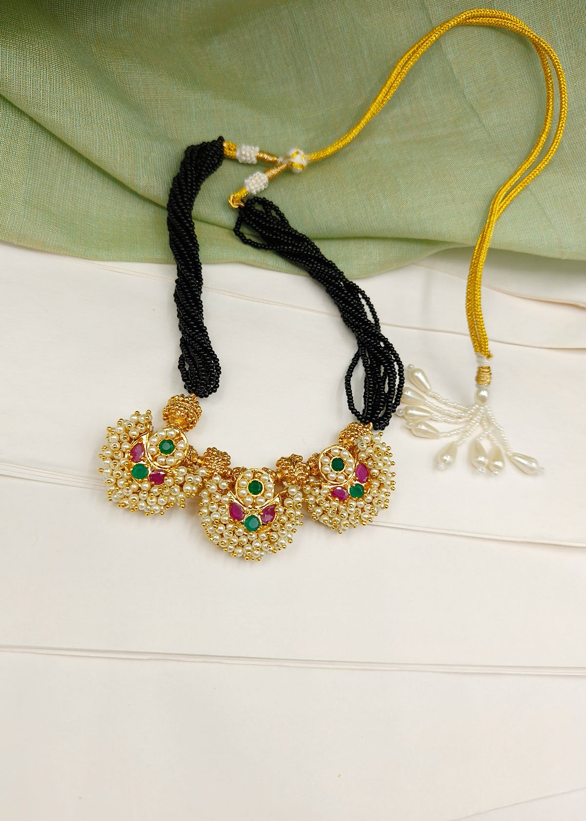 Traditional Maharashtrian Koli Style 3 Piece Pearl Pendant With Golden Ball Short Thauja Adjustable Necklace