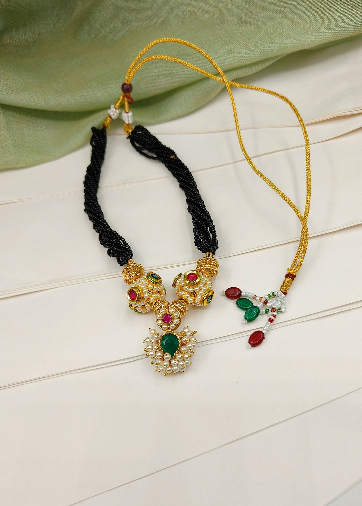 Gold Plated Traditional Maharashtrian Koli Style Thauja Adjustable Necklace With Emerald And Pearl
