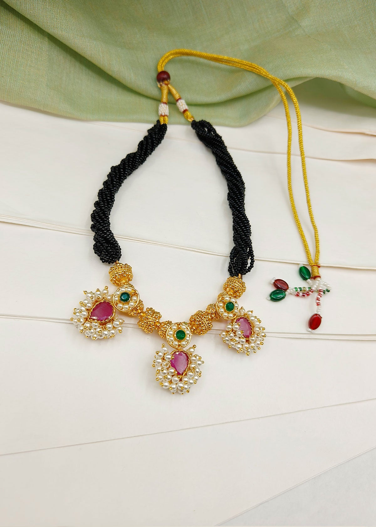 Gold Plated Red And Green With Pearl Clusters 3 Piece Maharashtrian Koli Style Short Adjustable Thauja Necklace