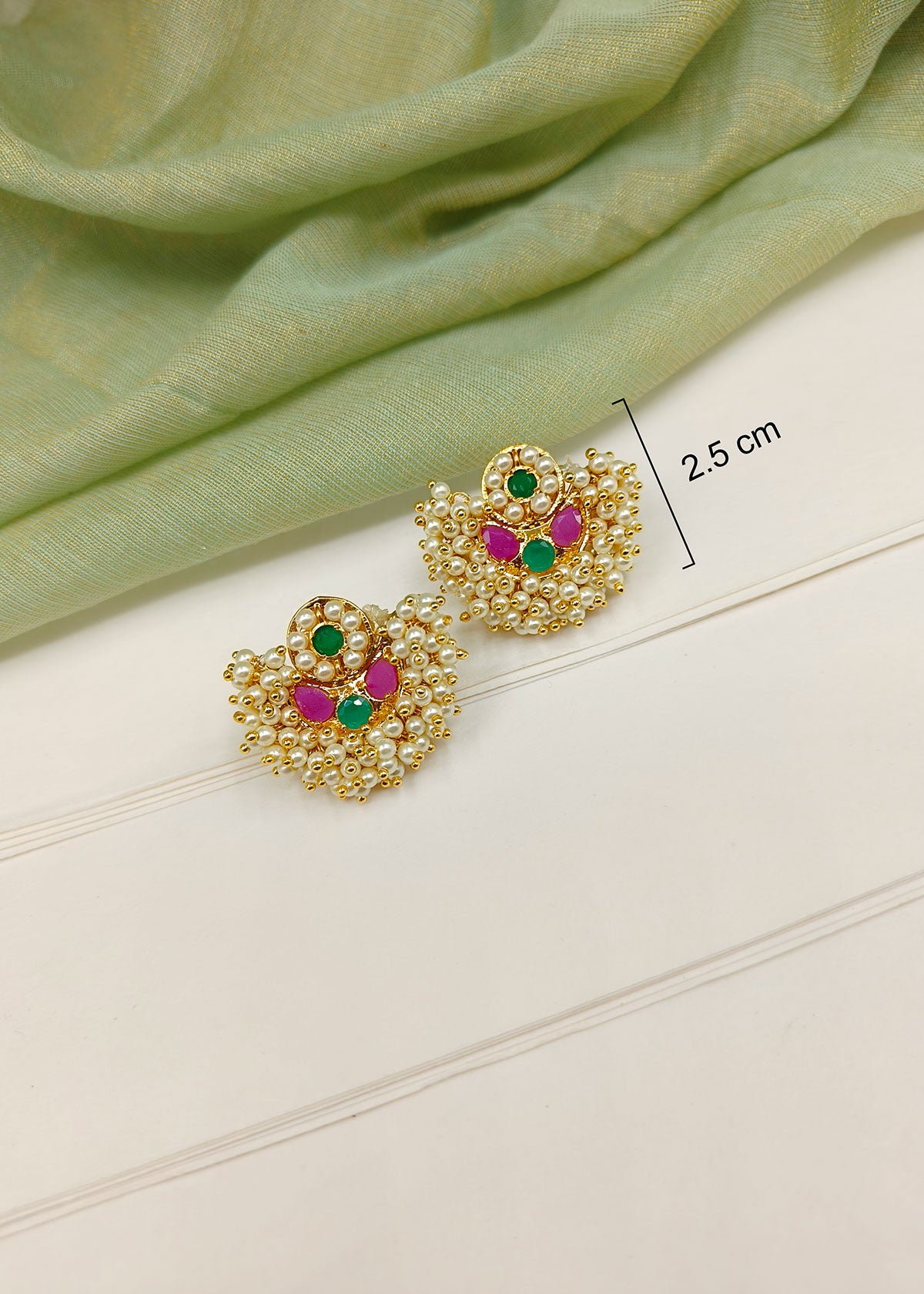 Traditional Maharashtrian Koli Style Green And Pink Stone Pearl Thauja Stud Earrings