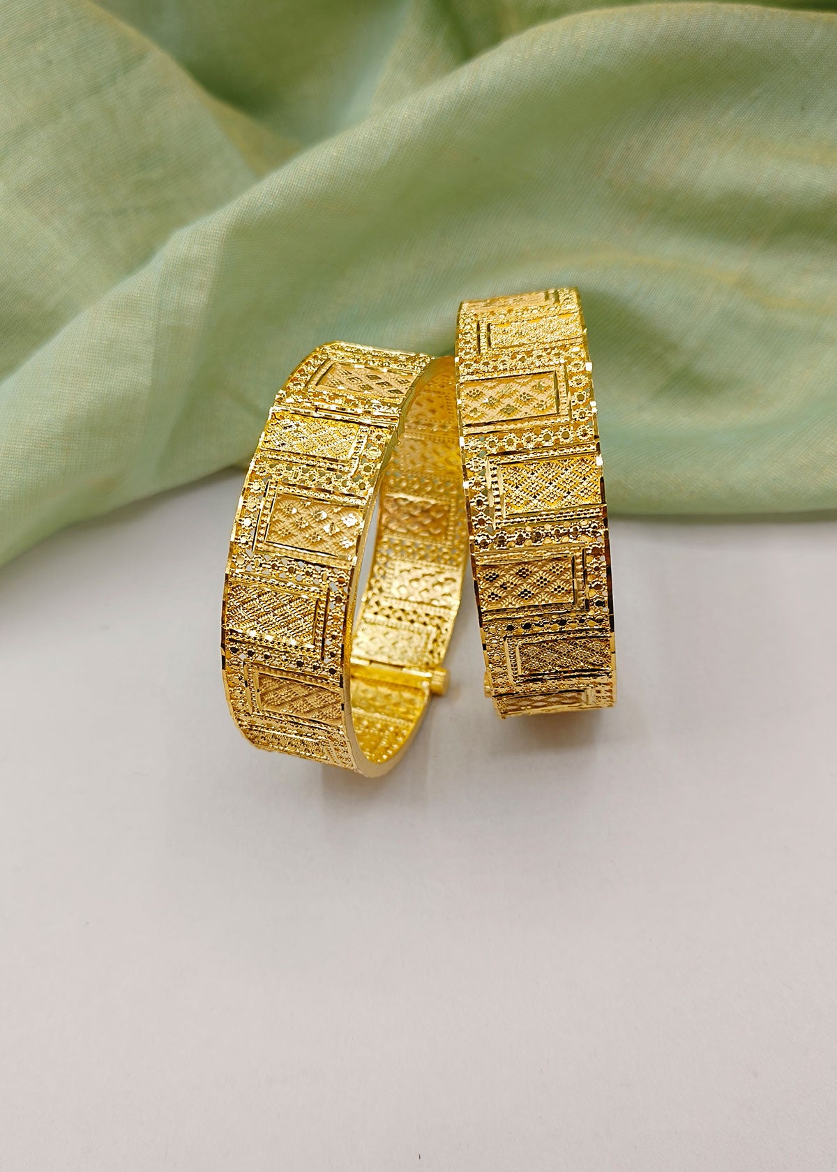 Textured Rectangle Pattern 1 Gram Gold Plated Openable Broad Kada Bangle (Pair)