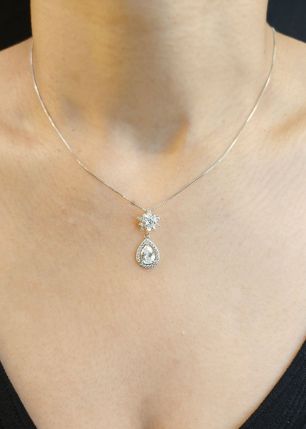 Cubic Zircon Crystal Bloom Drop Shape Delicate Pendant Set