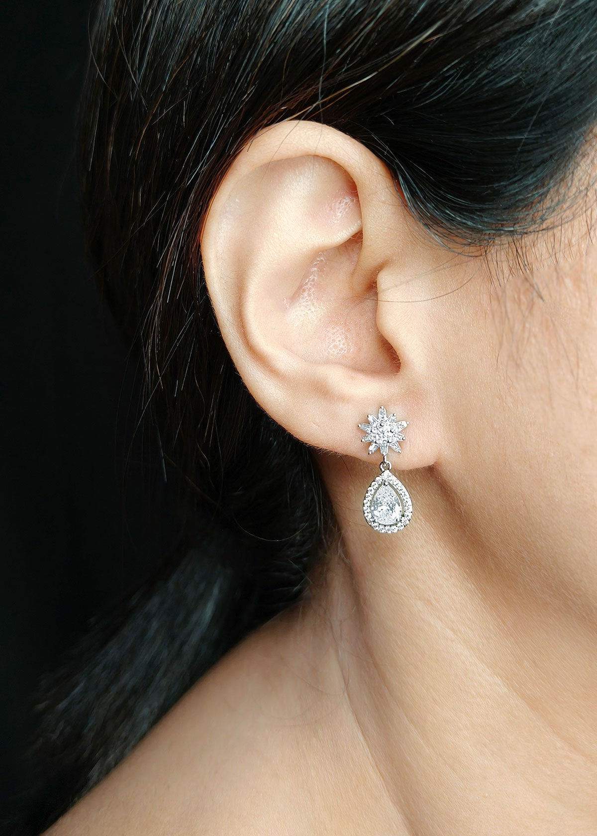 Cubic Zircon Crystal Bloom Drop Shape Delicate Pendant Set