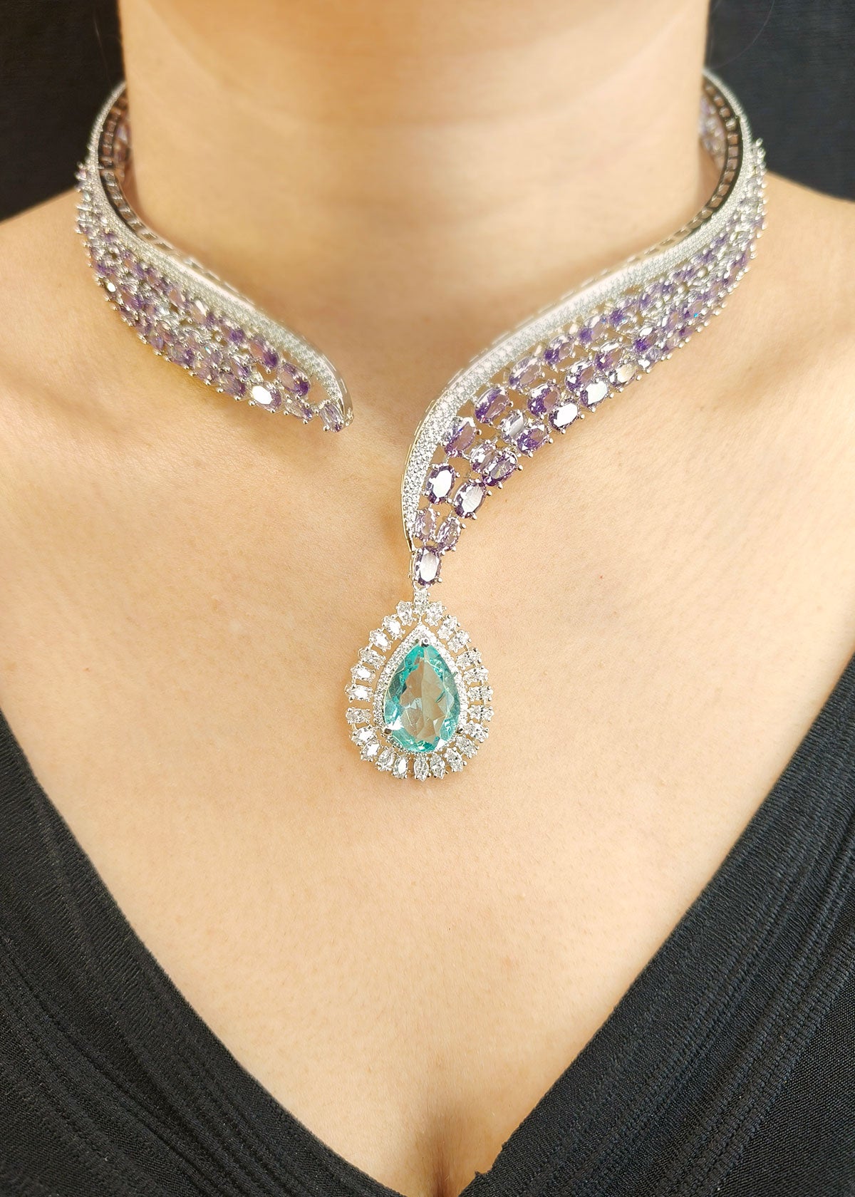 Elegant Purple Stone Silver Plated Cubic Zircon Stiff Hasli Necklace with Teal Green Colour Teardrop Pendant