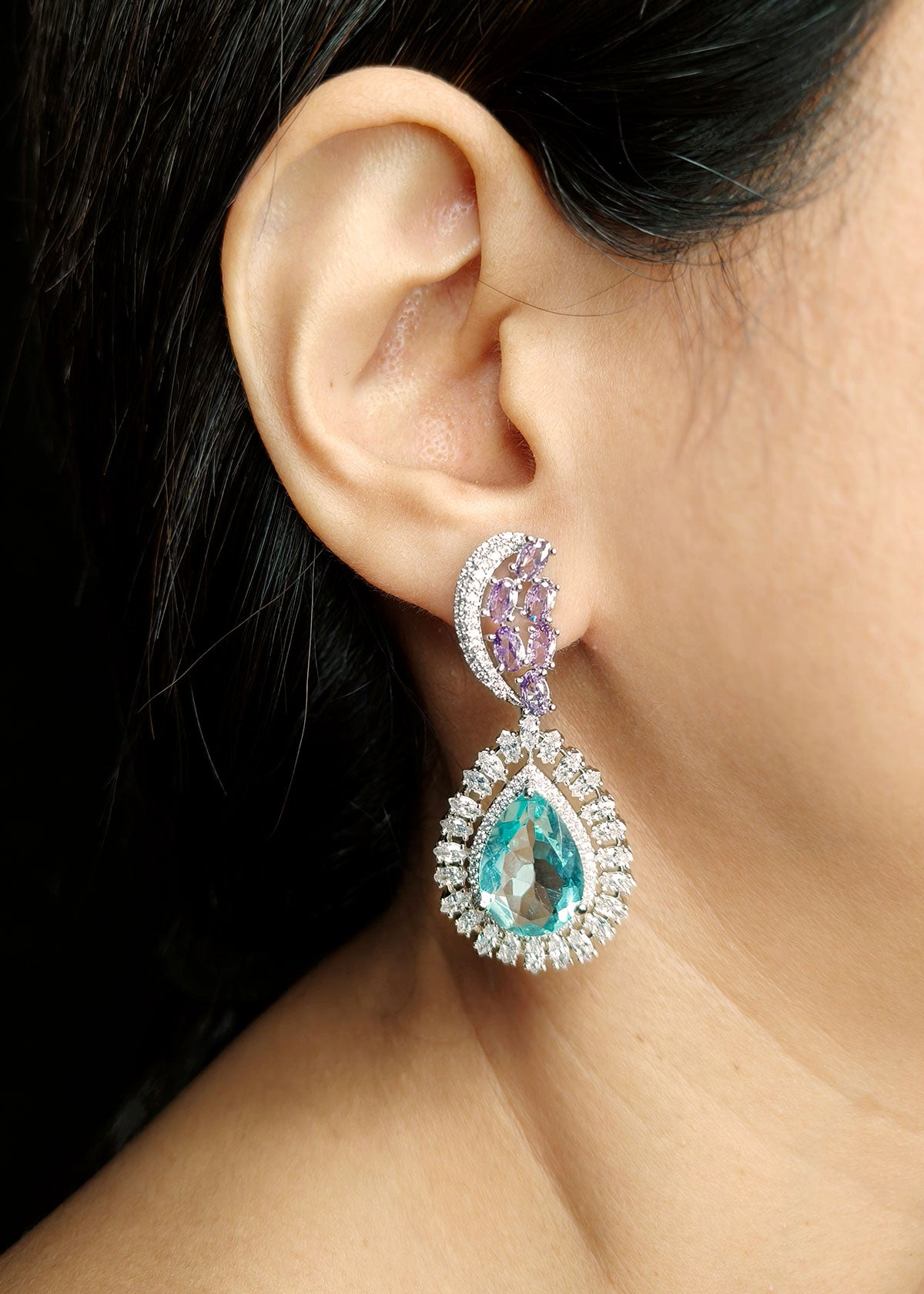 Elegant Purple Stone Silver Plated Cubic Zircon Stiff Hasli Necklace with Teal Green Colour Teardrop Pendant