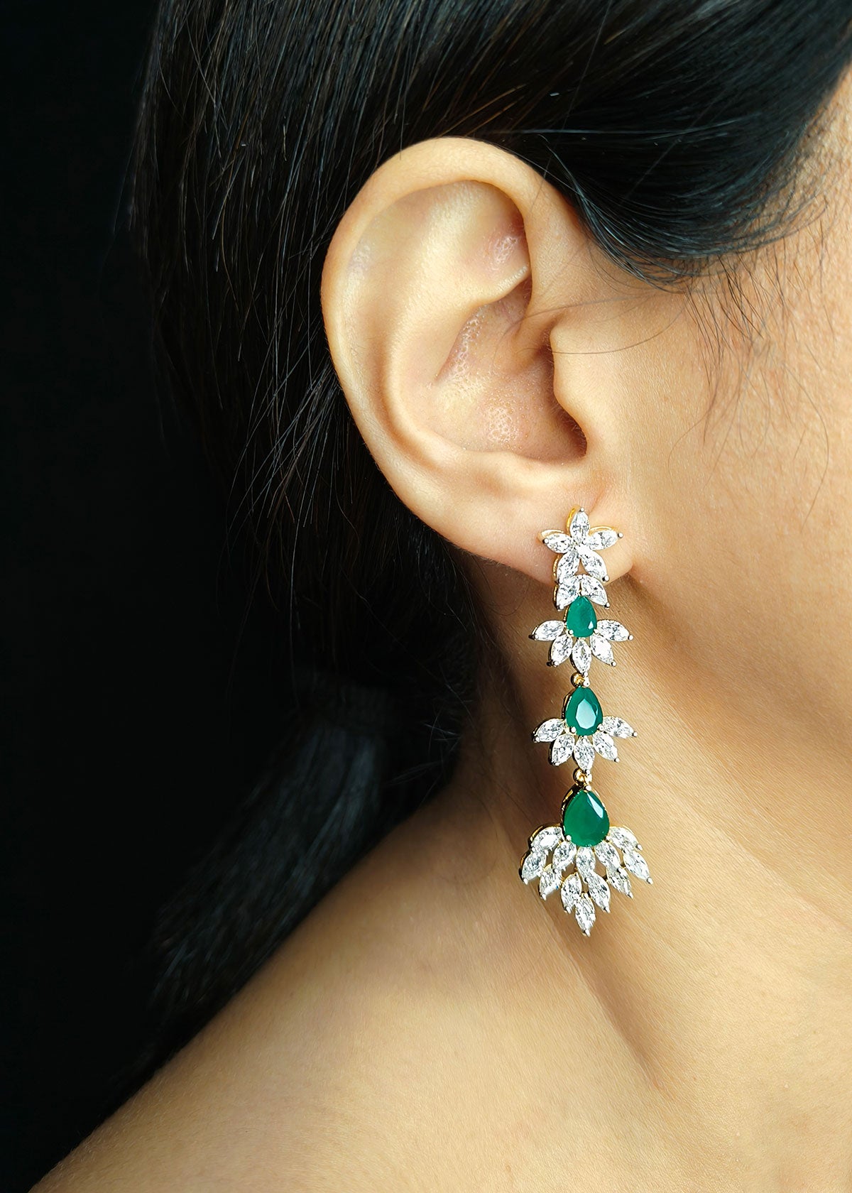 Modern Layered Designer Cubic Zircon With Marquise and Green Stone Gold And Silver Plated Western Stiff Hasli Necklace Set