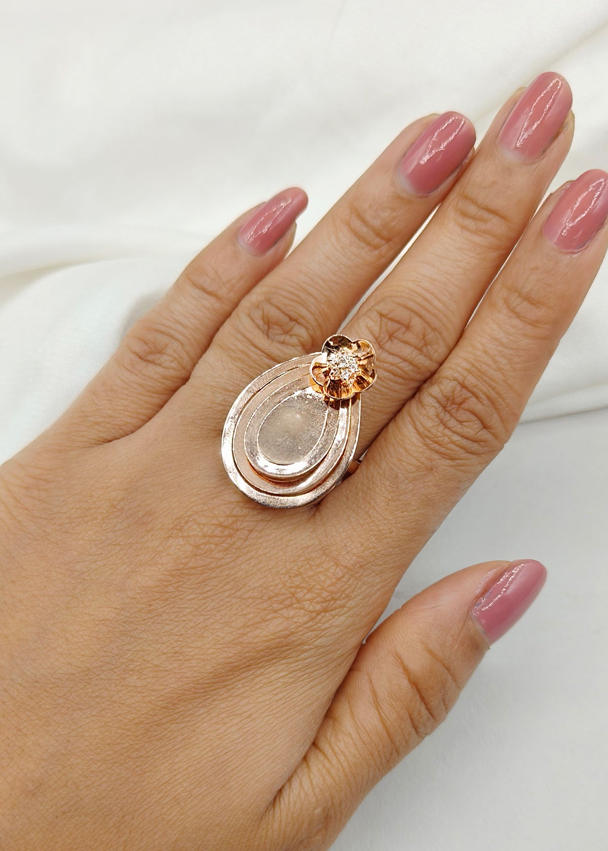 92.5 Sterling Silver Contemporary Floral Teardrop Rose Gold Plated Adjustable Big Diamond Finger Ring
