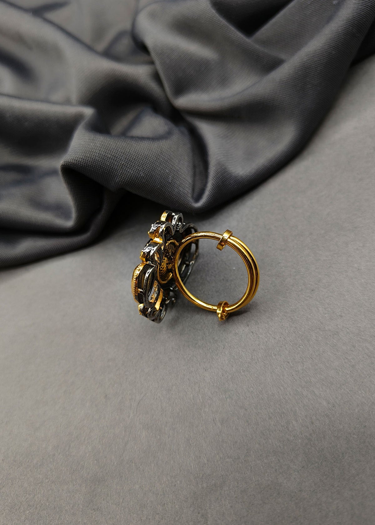 Victorian Polish Big Black Stone With Cubic Zircon Adjustable Kundan Finger Ring For Women