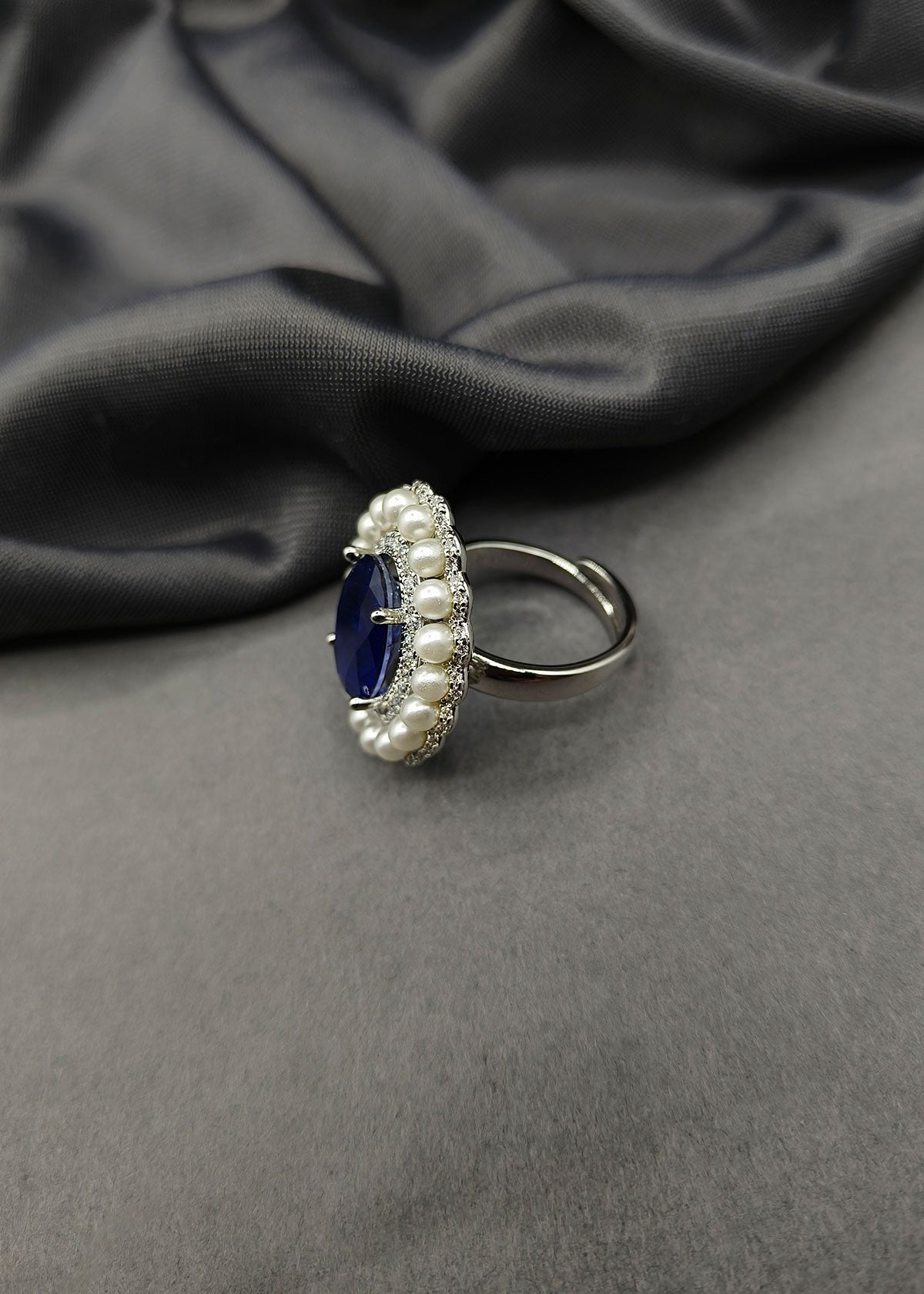 Big Oval Shape With Pearl Colourful Silver Plated Adjustable Big Finger Ring
