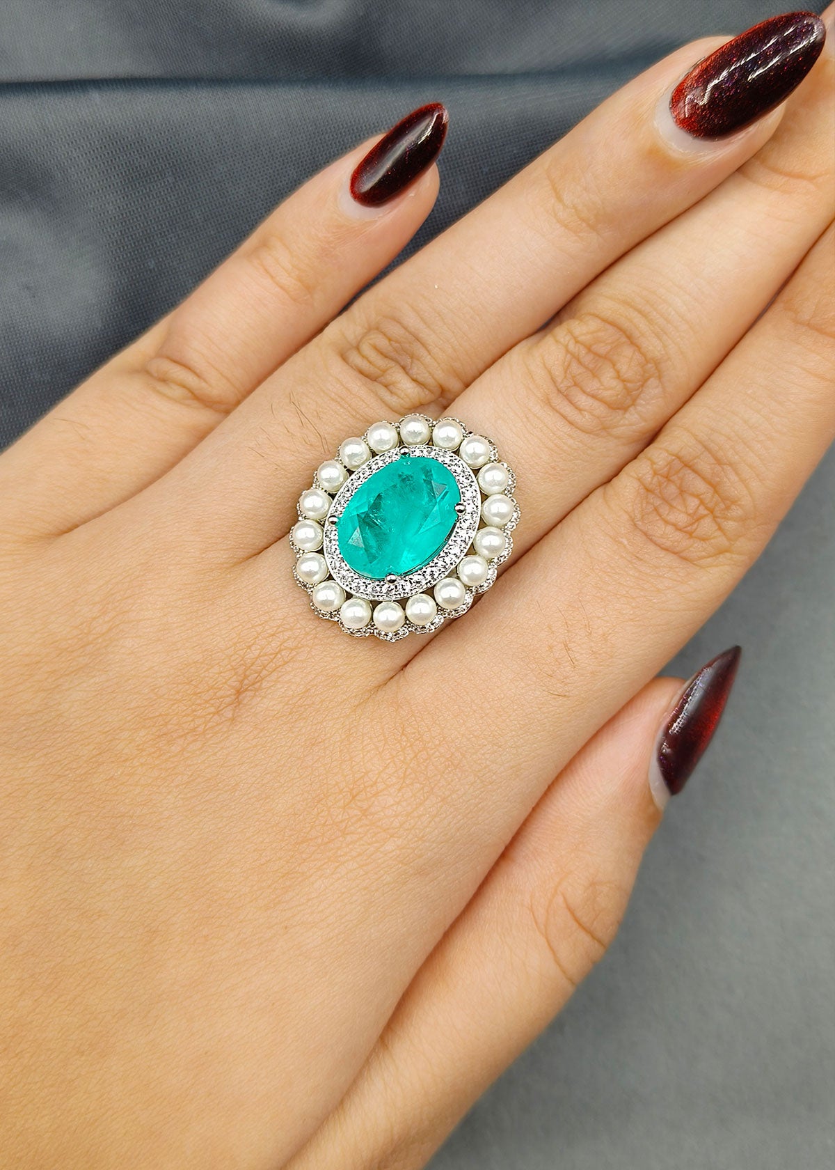 Big Oval Shape With Pearl Colourful Silver Plated Adjustable Big Finger Ring