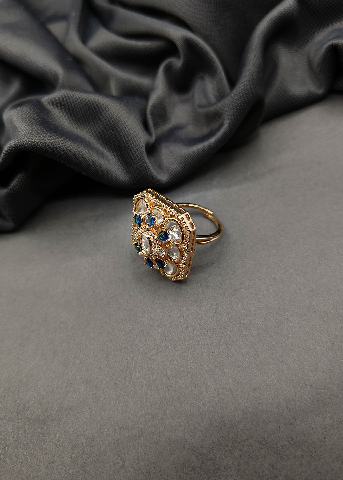Cubic Zircon Gold Plated Square Shape Blue Kundan Adjustable Big Finger Ring