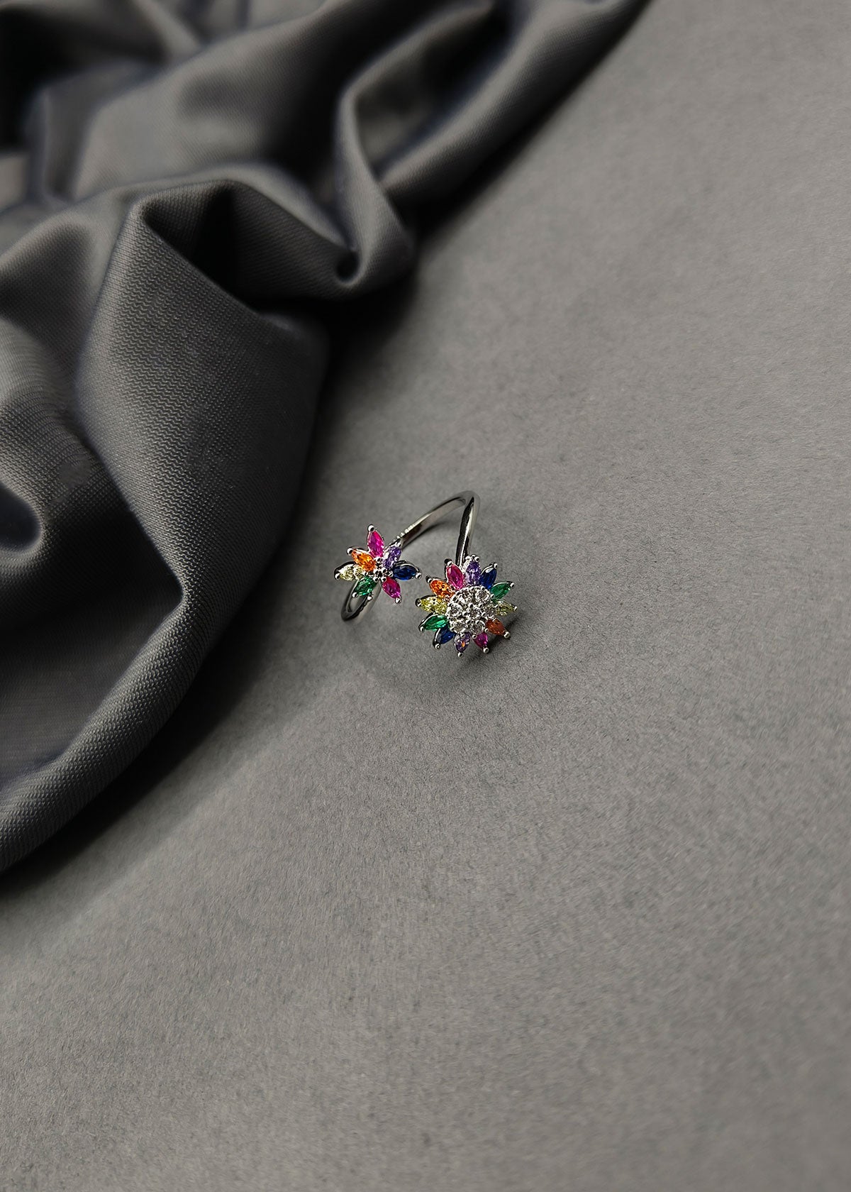Cubic Zircon Multicolor Floral Design Silver Plated Delicate Marquise Diamond Adjustable Finger Ring