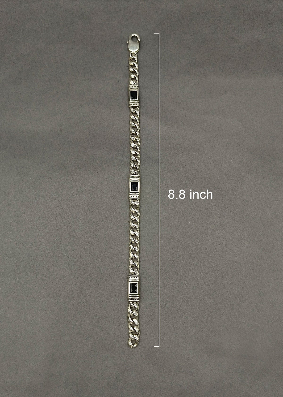 92.5 Sterling Silver  Black Stone Engraved Men Loose Bracelet