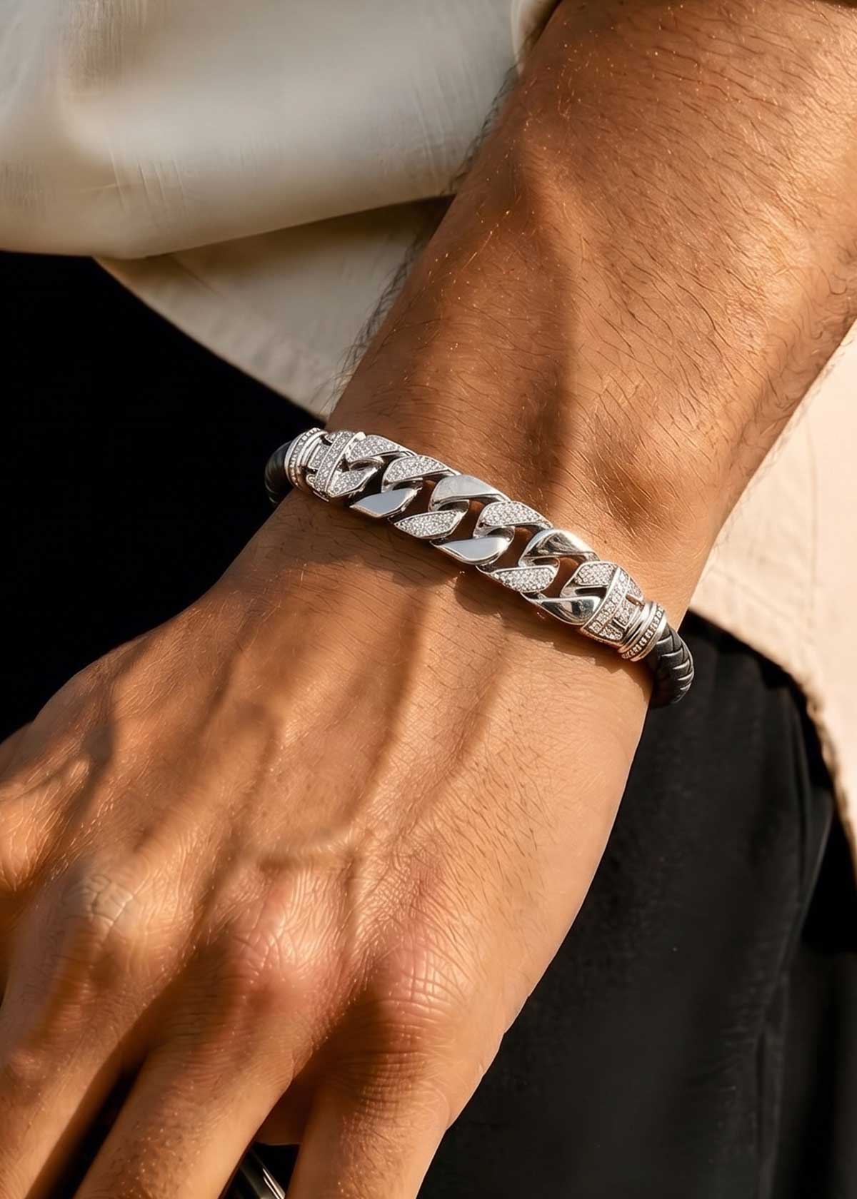 92.5 Sterling Silver Cubic Zircon Cuban Wide Link Style Men Loose Bracelet