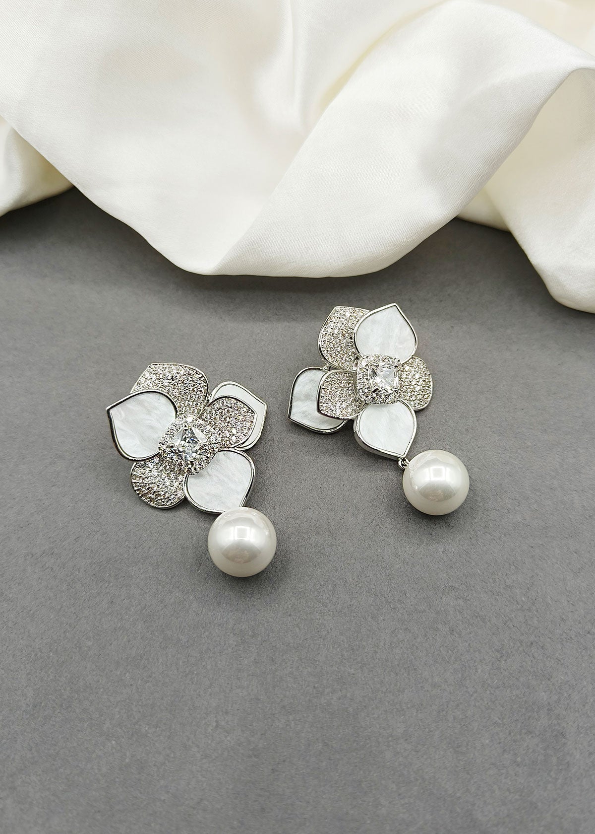 Mother Of Pearl Floral Design Silver Plated Diamond Big Earring For Women