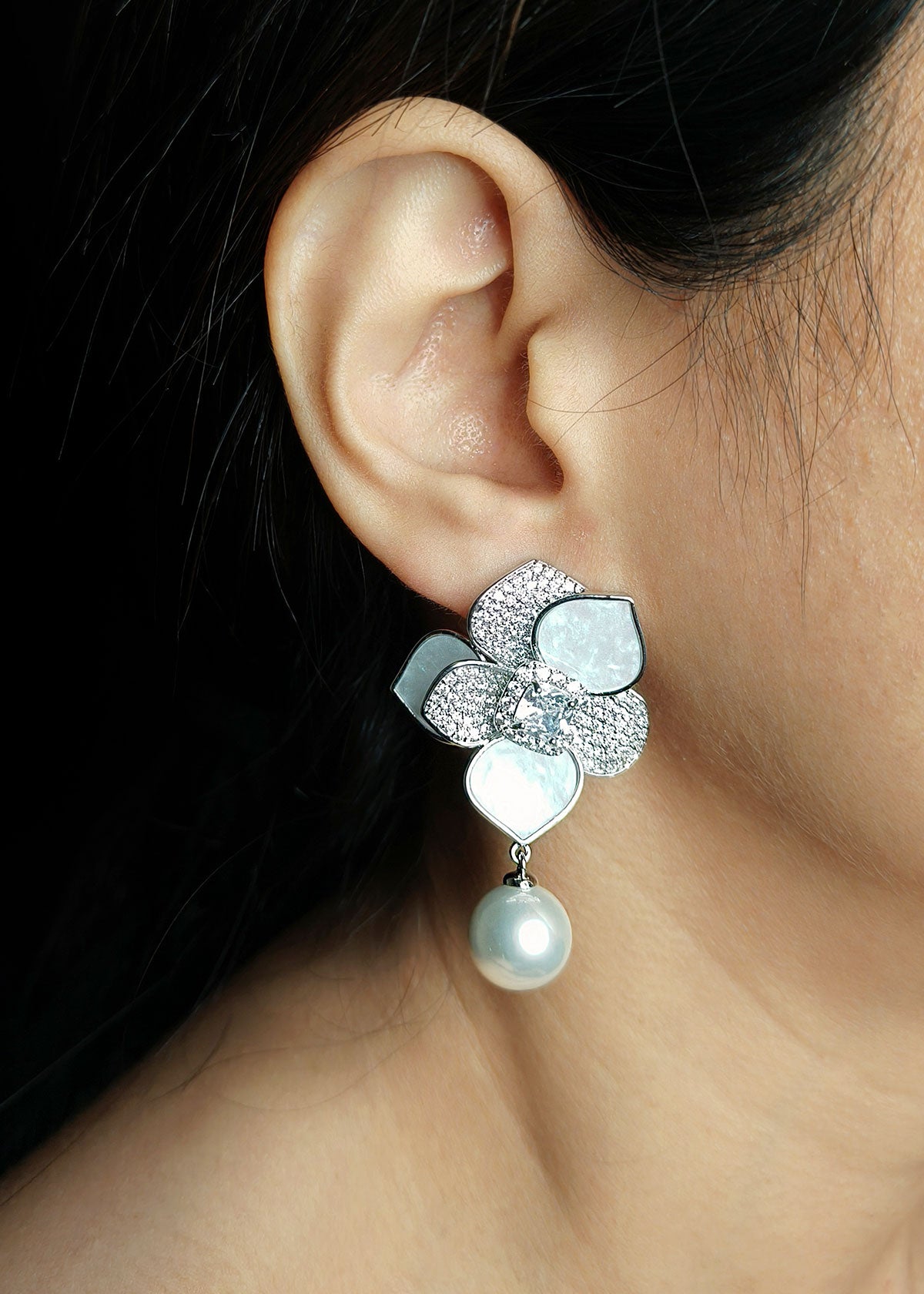Mother Of Pearl Floral Design Silver Plated Diamond Big Earring For Women