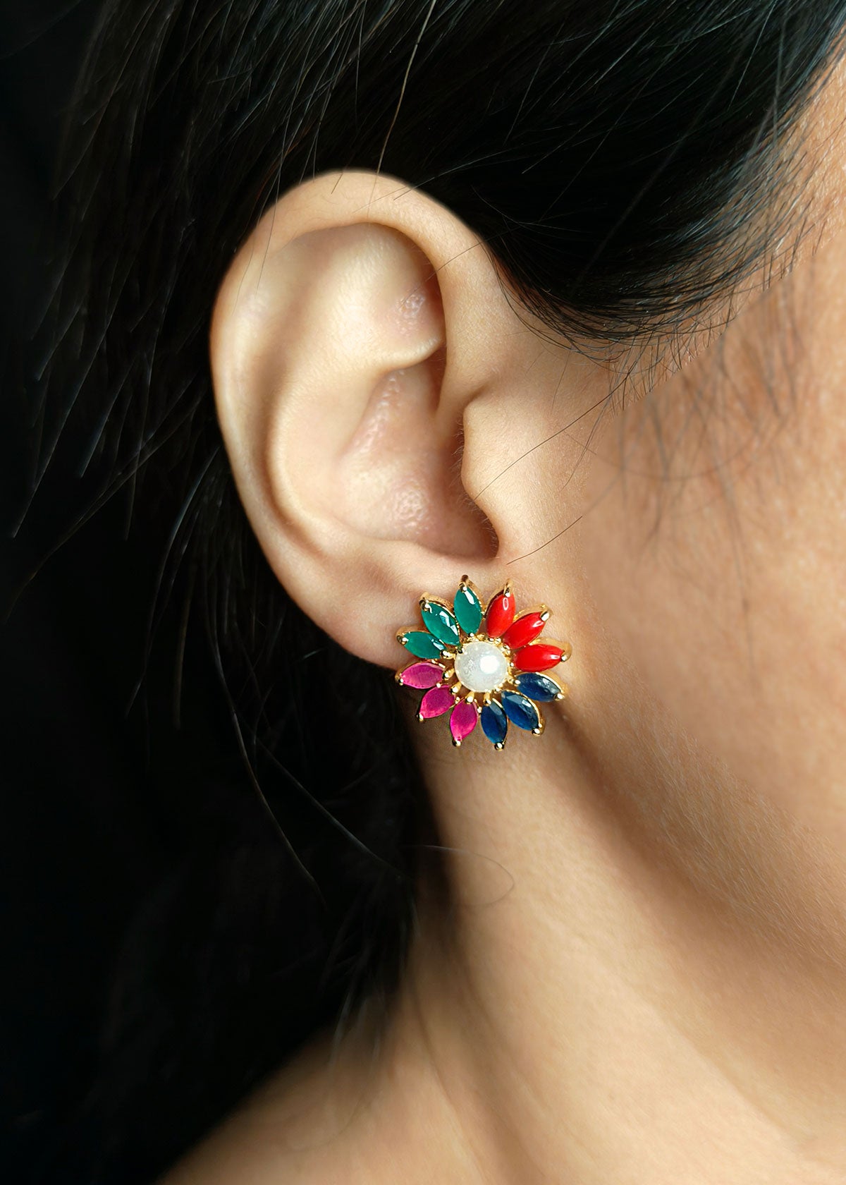 Navratna Floral Design Pearl Small Stud Earring For Women